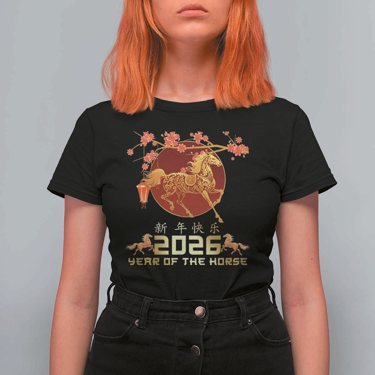 Chinese New Year 2026 Year of The Horse T Shirt For Women Cherry Blossom - Wonder Print Shop