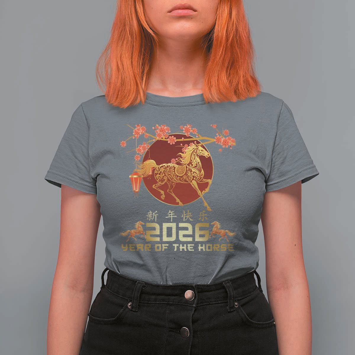 Chinese New Year 2026 Year of The Horse T Shirt For Women Cherry Blossom - Wonder Print Shop