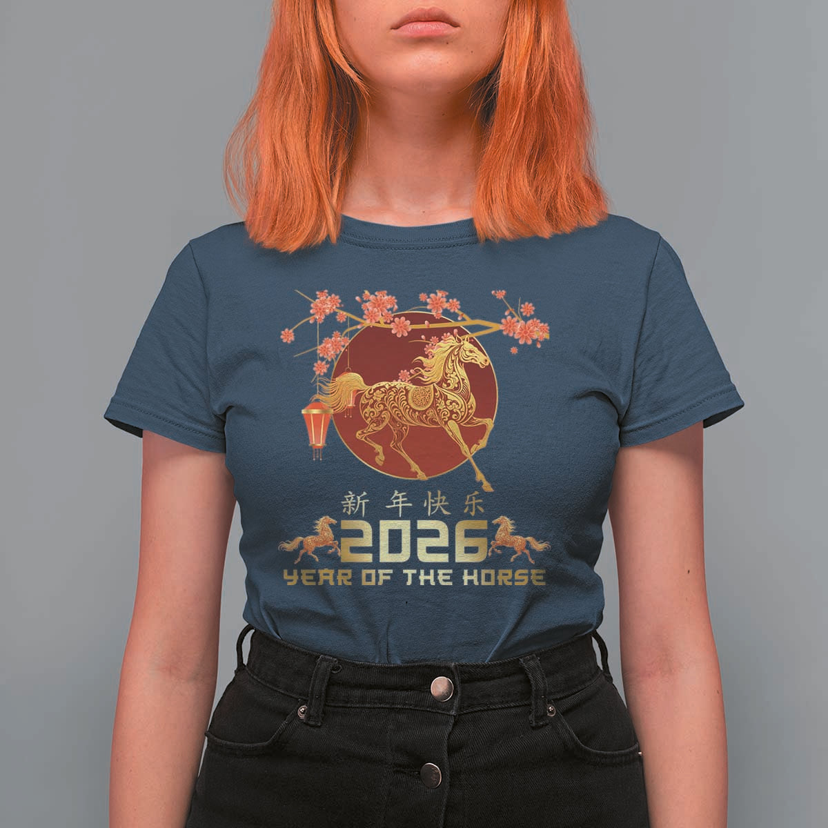 Chinese New Year 2026 Year of The Horse T Shirt For Women Cherry Blossom - Wonder Print Shop