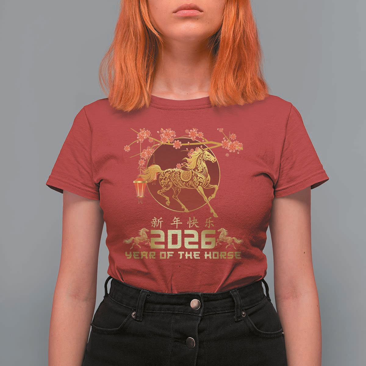 Chinese New Year 2026 Year of The Horse T Shirt For Women Cherry Blossom - Wonder Print Shop