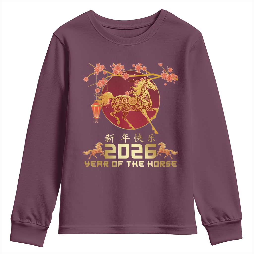 Chinese New Year 2026 Year of The Horse Youth Sweatshirt Cherry Blossom - Wonder Print Shop