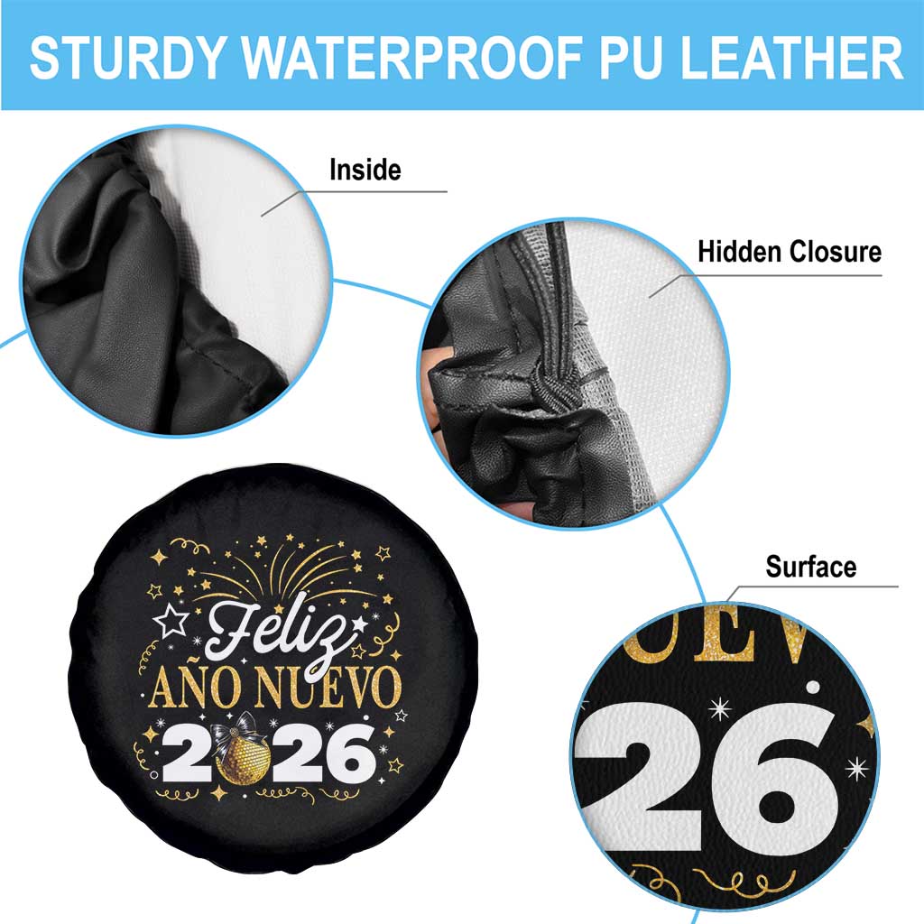 Spanish New Year 2026 Spare Tire Cover Feliz Ano Nuevo NYE Party Faux Glitter Effect Printed - Wonder Print Shop