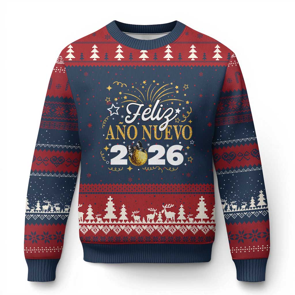 Spanish New Year 2026 Ugly Christmas Sweater Feliz Ano Nuevo NYE Party Faux Glitter Effect Printed - Wonder Print Shop