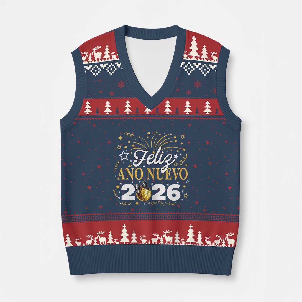 Spanish New Year 2026 V-Neck Knit Sweater Vest Feliz Ano Nuevo NYE Party Faux Glitter Effect Printed - Wonder Print Shop