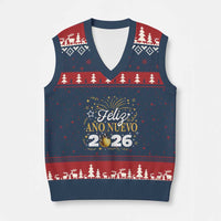 Spanish New Year 2026 V-Neck Knit Sweater Vest Feliz Ano Nuevo NYE Party Faux Glitter Effect Printed - Wonder Print Shop