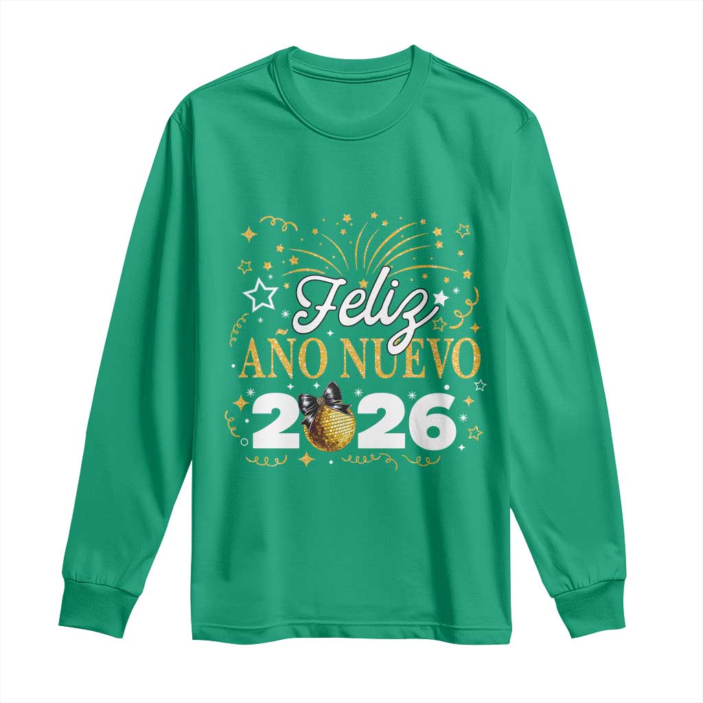 Spanish New Year 2026 Long Sleeve Shirt Feliz Ano Nuevo NYE Party Faux Glitter Effect Printed - Wonder Print Shop