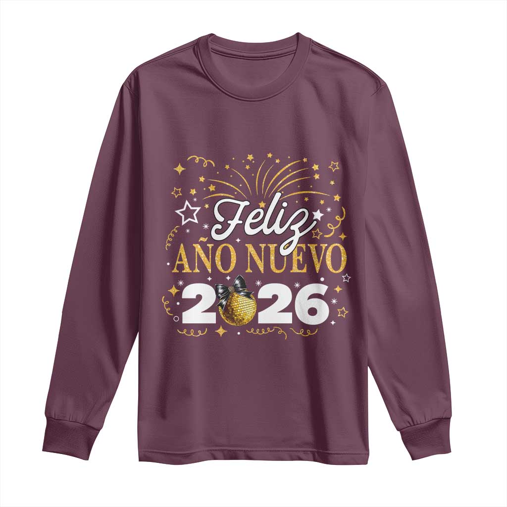 Spanish New Year 2026 Long Sleeve Shirt Feliz Ano Nuevo NYE Party Faux Glitter Effect Printed - Wonder Print Shop