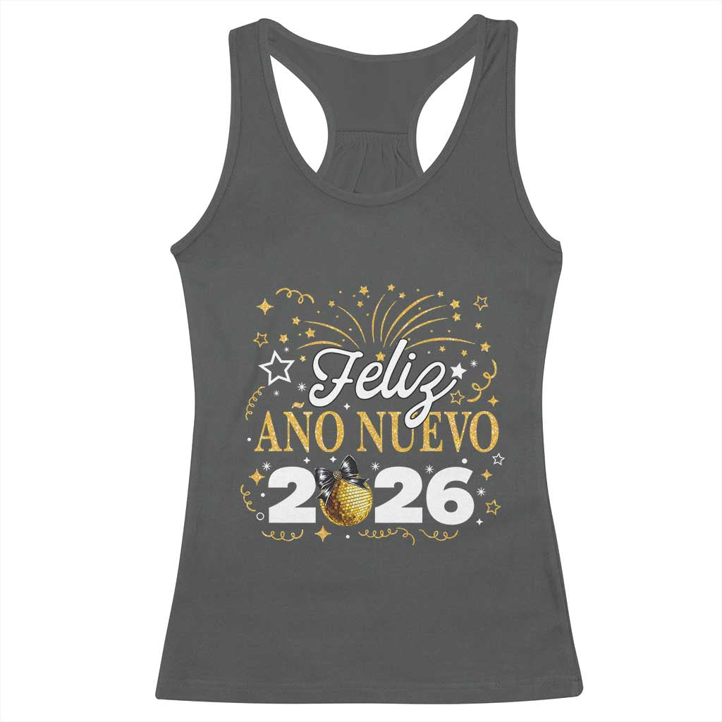 Spanish New Year 2026 Racerback Tank Top Feliz Ano Nuevo NYE Party Faux Glitter Effect Printed - Wonder Print Shop