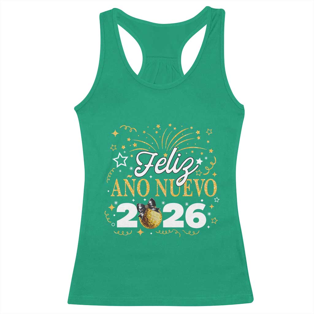 Spanish New Year 2026 Racerback Tank Top Feliz Ano Nuevo NYE Party Faux Glitter Effect Printed - Wonder Print Shop
