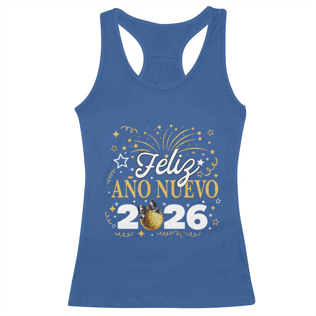 Spanish New Year 2026 Racerback Tank Top Feliz Ano Nuevo NYE Party Faux Glitter Effect Printed - Wonder Print Shop