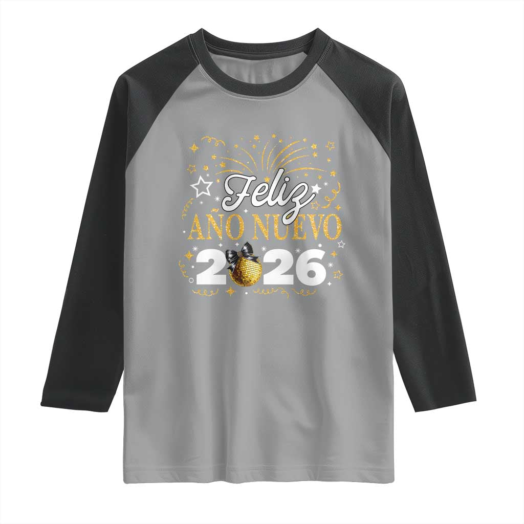 Spanish New Year 2026 Raglan Shirt Feliz Ano Nuevo NYE Party Faux Glitter Effect Printed - Wonder Print Shop
