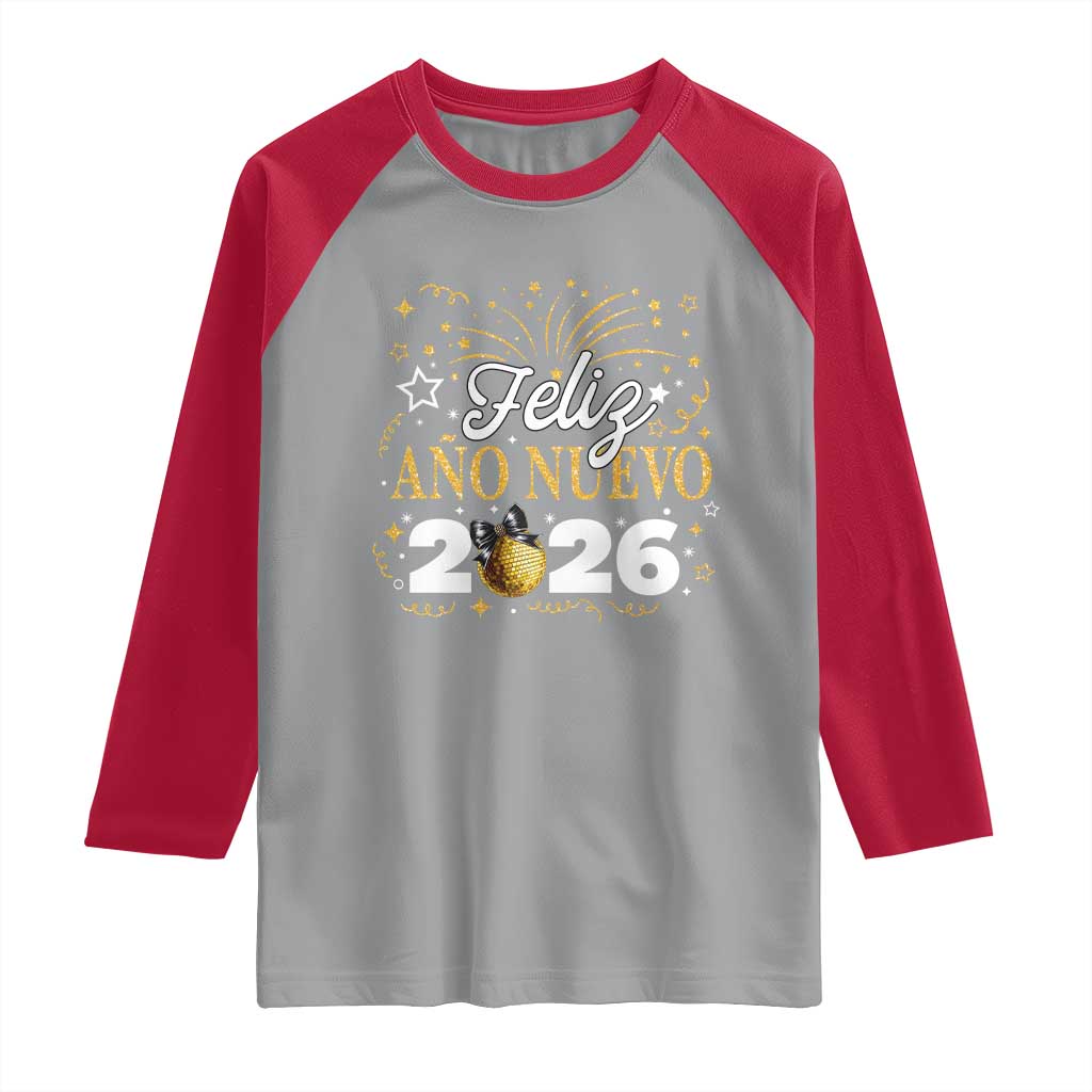 Spanish New Year 2026 Raglan Shirt Feliz Ano Nuevo NYE Party Faux Glitter Effect Printed - Wonder Print Shop