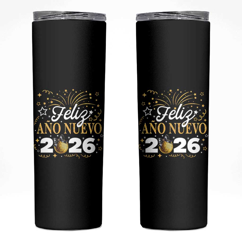 Spanish New Year 2026 Skinny Tumbler Feliz Ano Nuevo NYE Party Faux Glitter Effect Printed - Wonder Print Shop