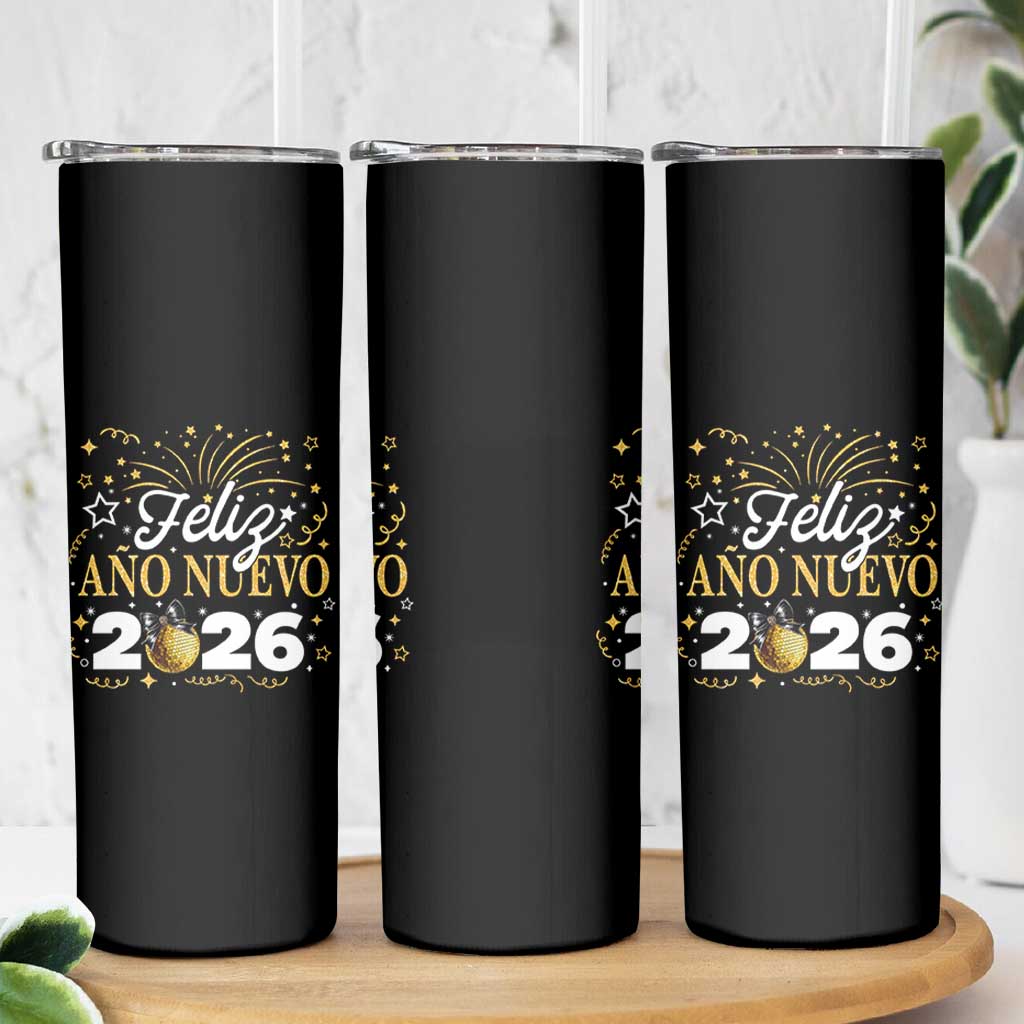 Spanish New Year 2026 Skinny Tumbler Feliz Ano Nuevo NYE Party Faux Glitter Effect Printed - Wonder Print Shop