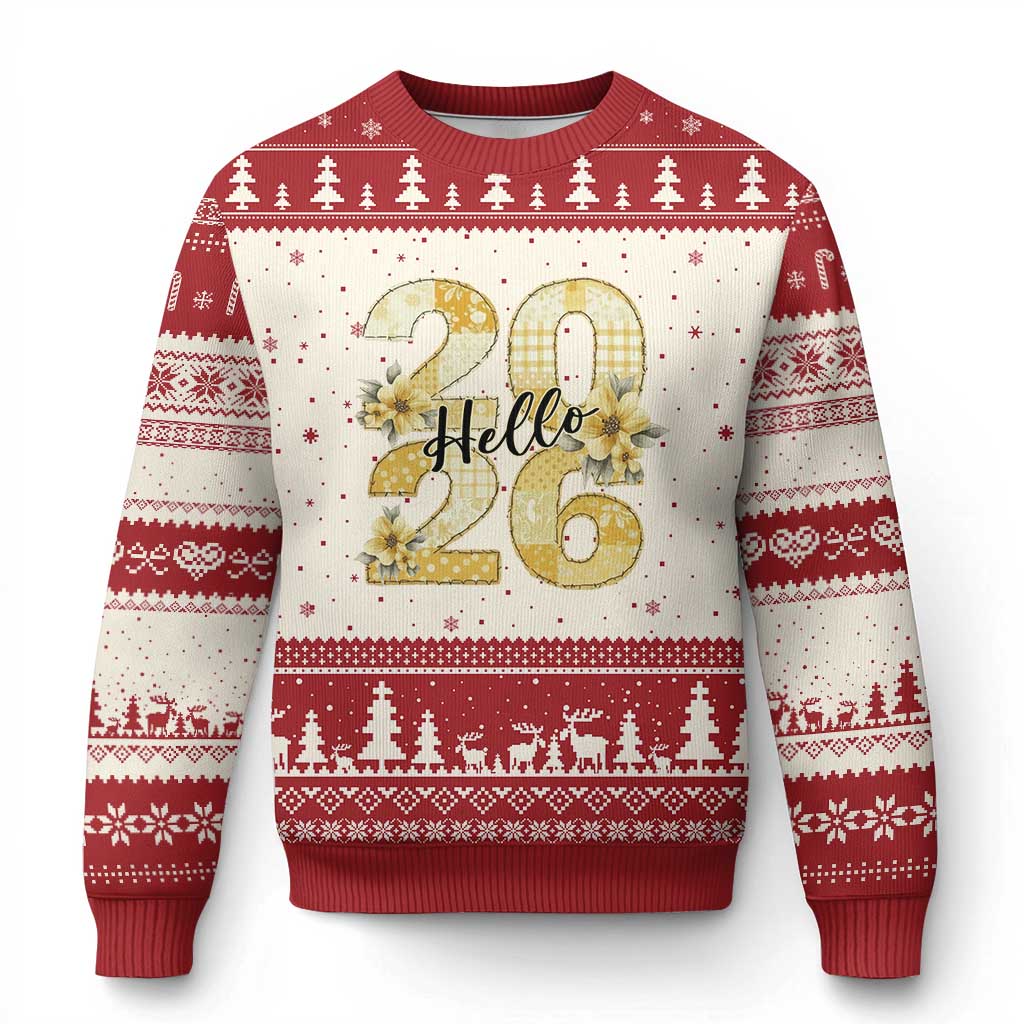 Hello New Year 2026 Vintage Floral Patchwork Quilt Ugly Christmas Sweater - Wonder Print Shop