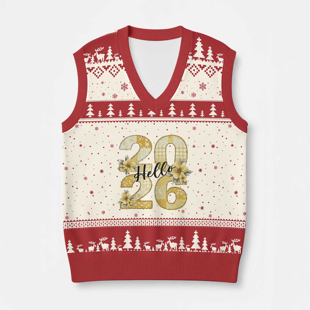 Hello New Year 2026 Vintage Floral Patchwork Quilt V-Neck Knit Sweater Vest - Wonder Print Shop
