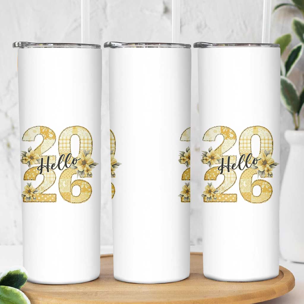 Hello New Year 2026 Vintage Floral Patchwork Quilt Skinny Tumbler - Wonder Print Shop