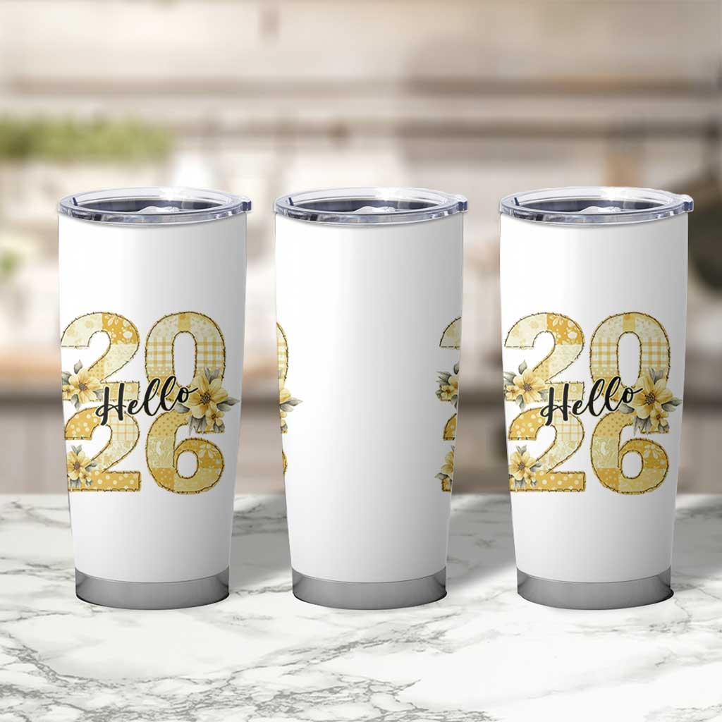 Hello New Year 2026 Vintage Floral Patchwork Quilt Tumbler Cup - Wonder Print Shop
