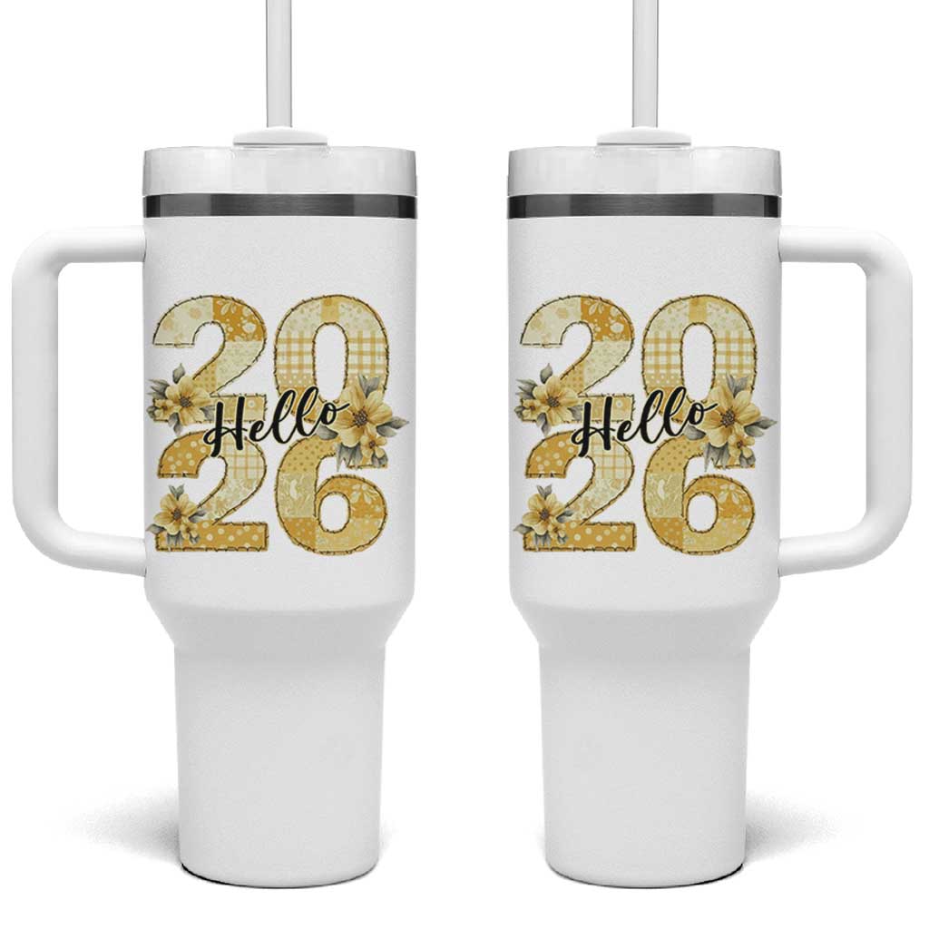 Hello New Year 2026 Vintage Floral Patchwork Quilt Tumbler With Handle - Wonder Print Shop