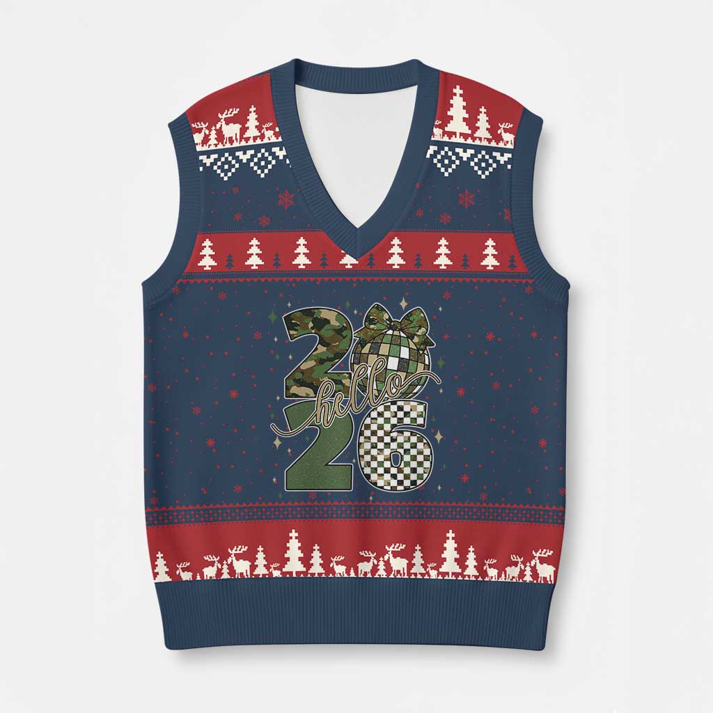 Camo Happy New Year Party 2026 V-Neck Knit Sweater Vest Camouflage Disco Ball - Wonder Print Shop