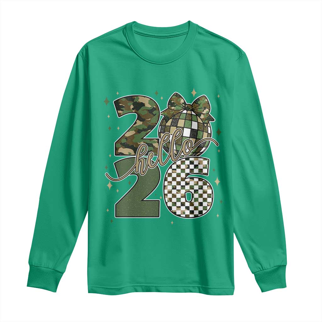 Camo Happy New Year Party 2026 Long Sleeve Shirt Camouflage Disco Ball - Wonder Print Shop