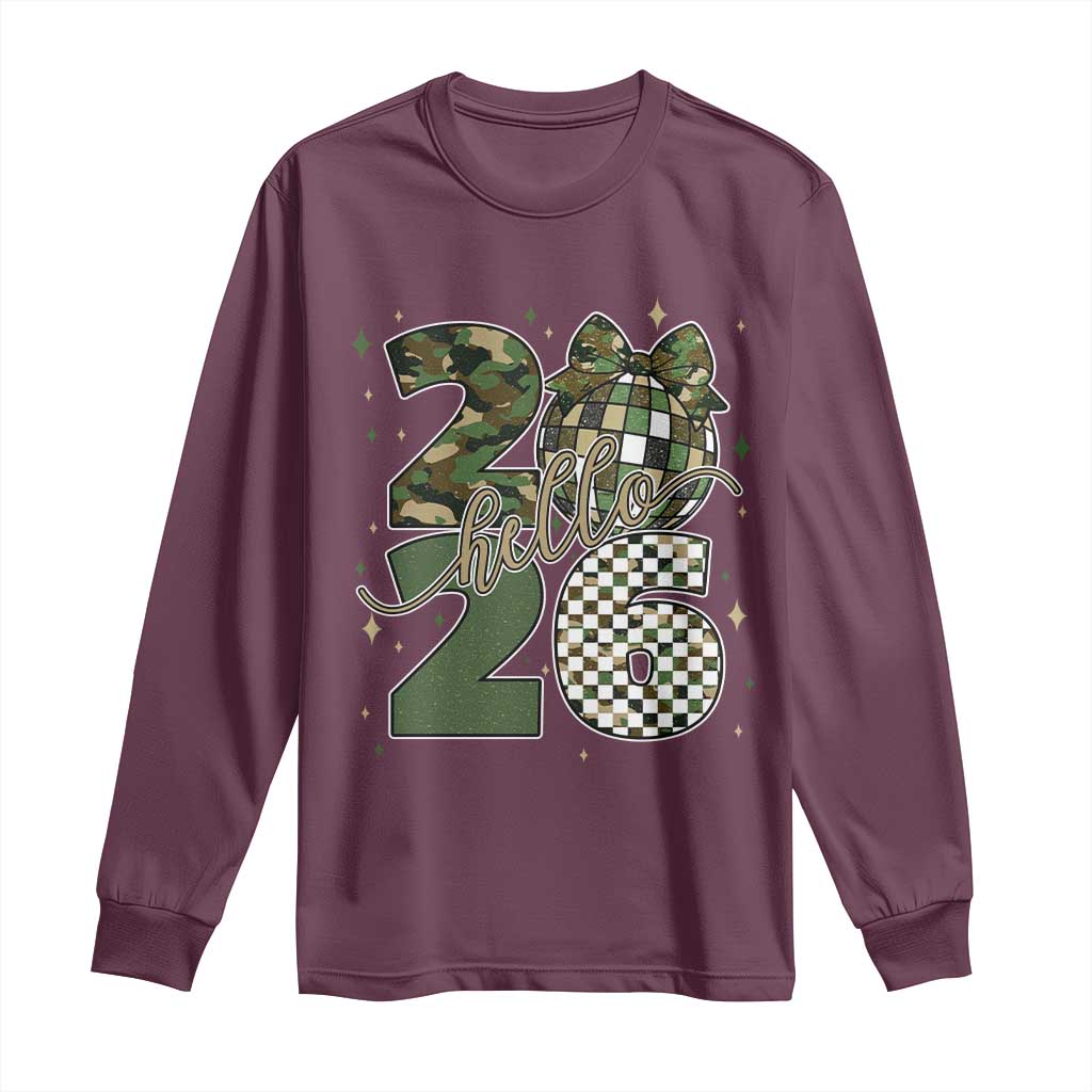 Camo Happy New Year Party 2026 Long Sleeve Shirt Camouflage Disco Ball - Wonder Print Shop