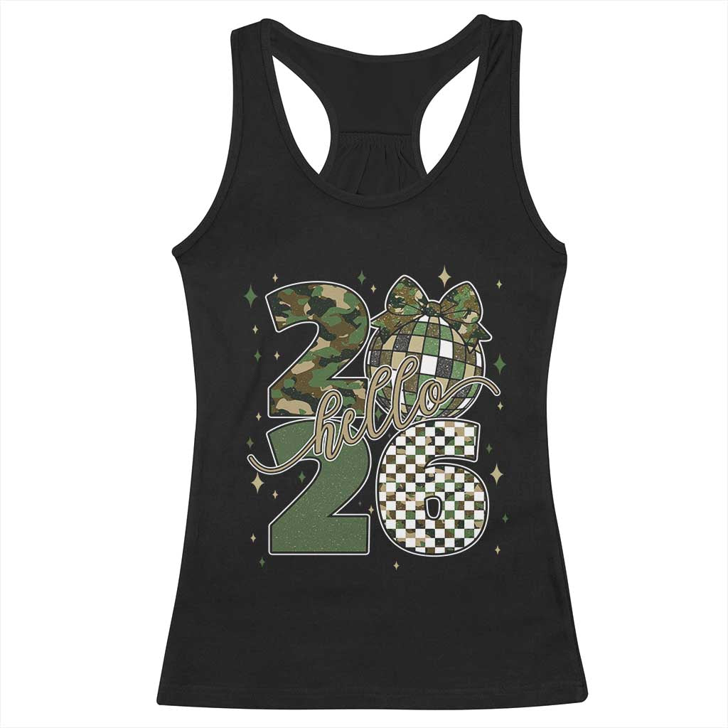 Camo Happy New Year Party 2026 Racerback Tank Top Camouflage Disco Ball - Wonder Print Shop