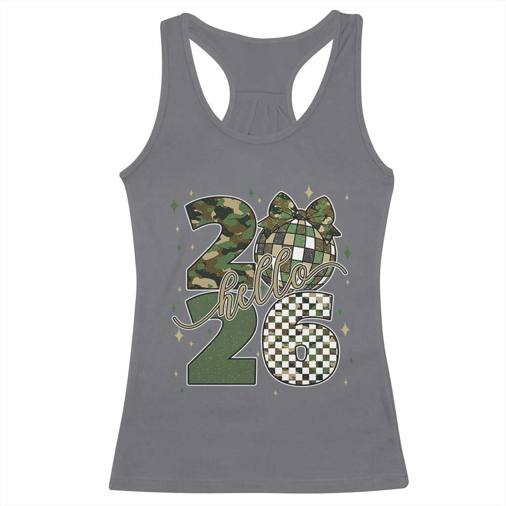 Camo Happy New Year Party 2026 Racerback Tank Top Camouflage Disco Ball - Wonder Print Shop