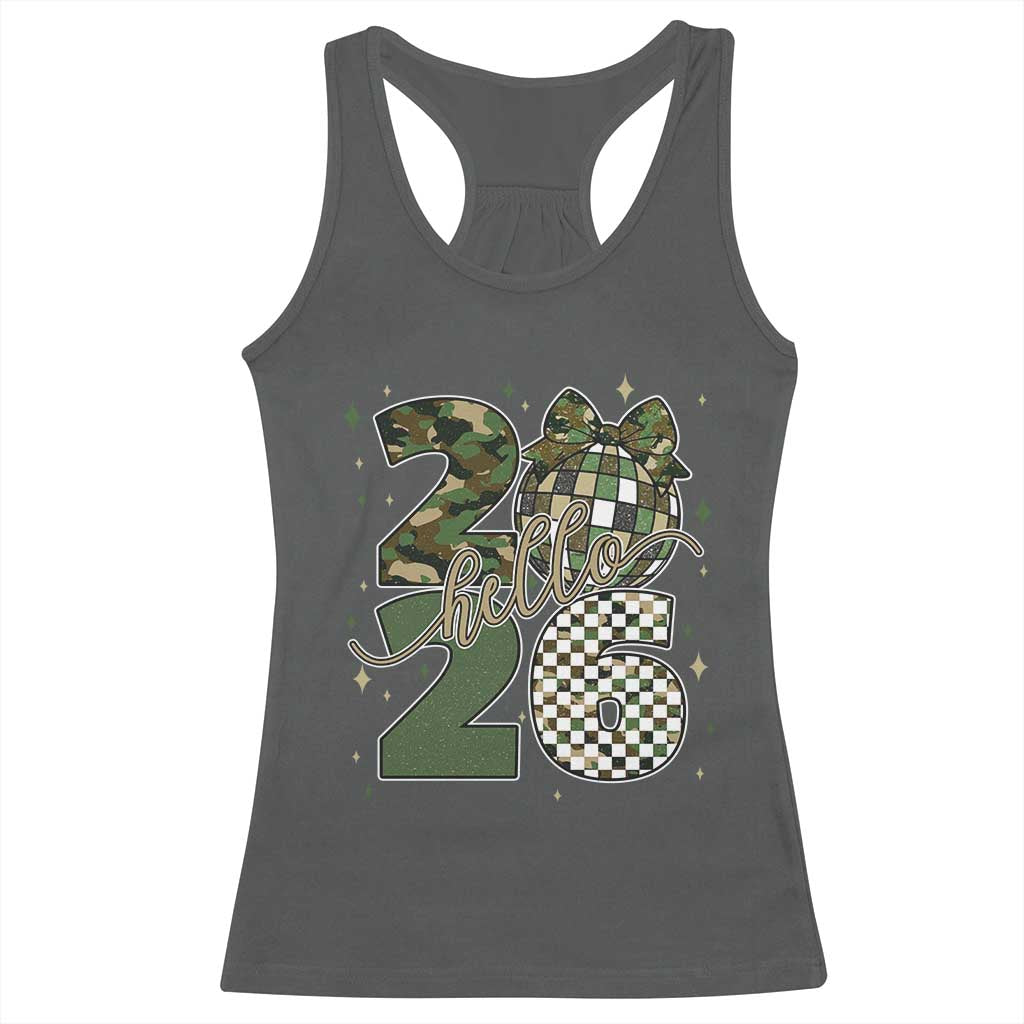 Camo Happy New Year Party 2026 Racerback Tank Top Camouflage Disco Ball - Wonder Print Shop