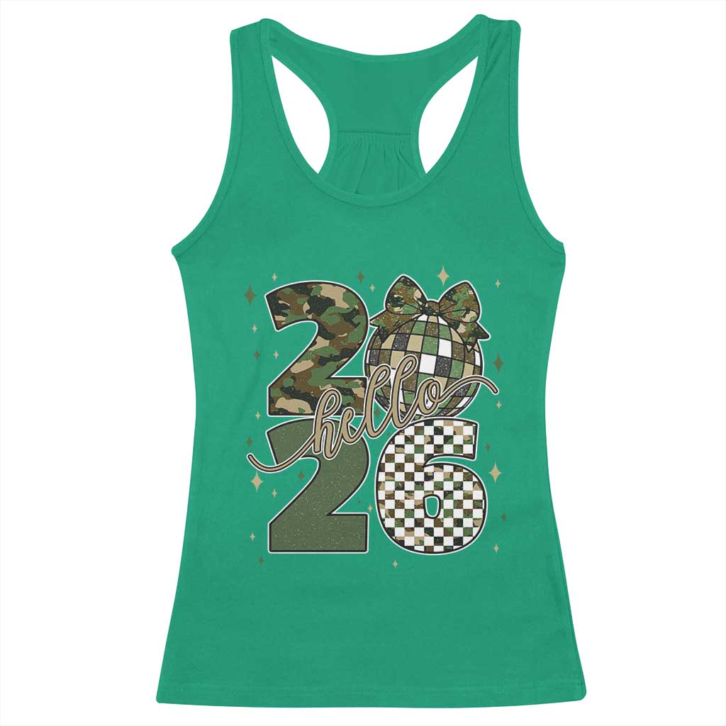 Camo Happy New Year Party 2026 Racerback Tank Top Camouflage Disco Ball - Wonder Print Shop