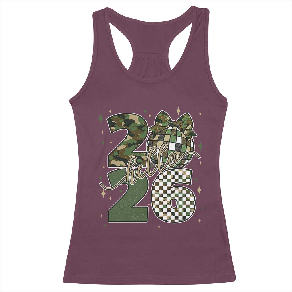 Camo Happy New Year Party 2026 Racerback Tank Top Camouflage Disco Ball - Wonder Print Shop