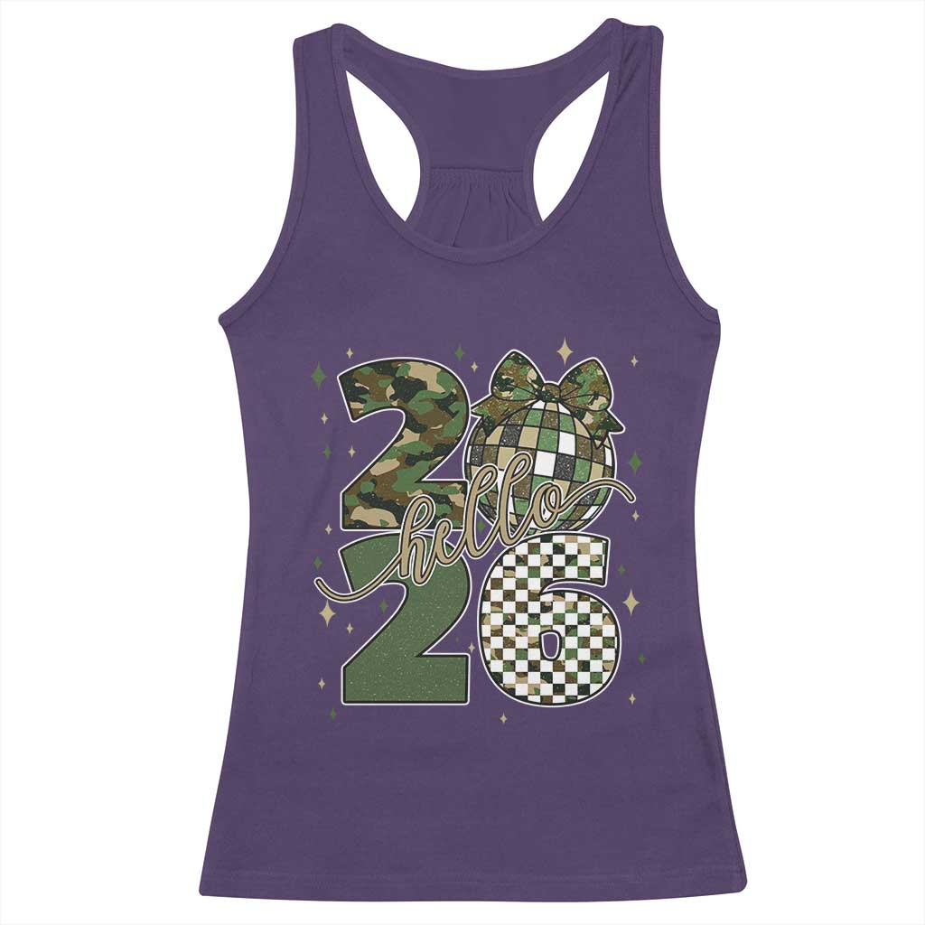 Camo Happy New Year Party 2026 Racerback Tank Top Camouflage Disco Ball - Wonder Print Shop