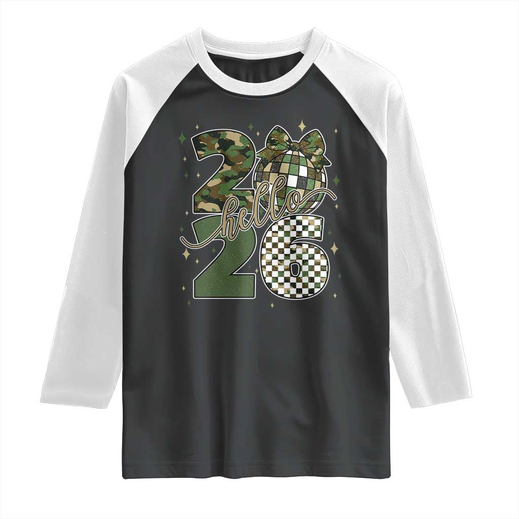 Camo Happy New Year Party 2026 Raglan Shirt Camouflage Disco Ball - Wonder Print Shop
