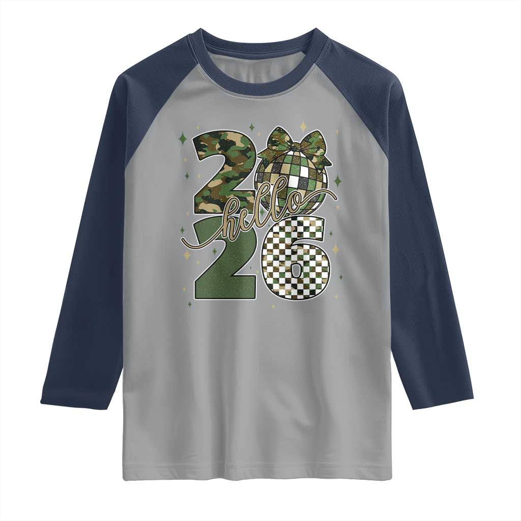 Camo Happy New Year Party 2026 Raglan Shirt Camouflage Disco Ball - Wonder Print Shop