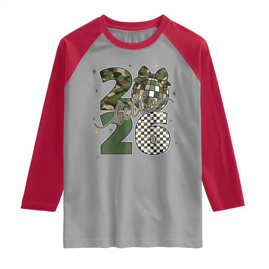Camo Happy New Year Party 2026 Raglan Shirt Camouflage Disco Ball - Wonder Print Shop