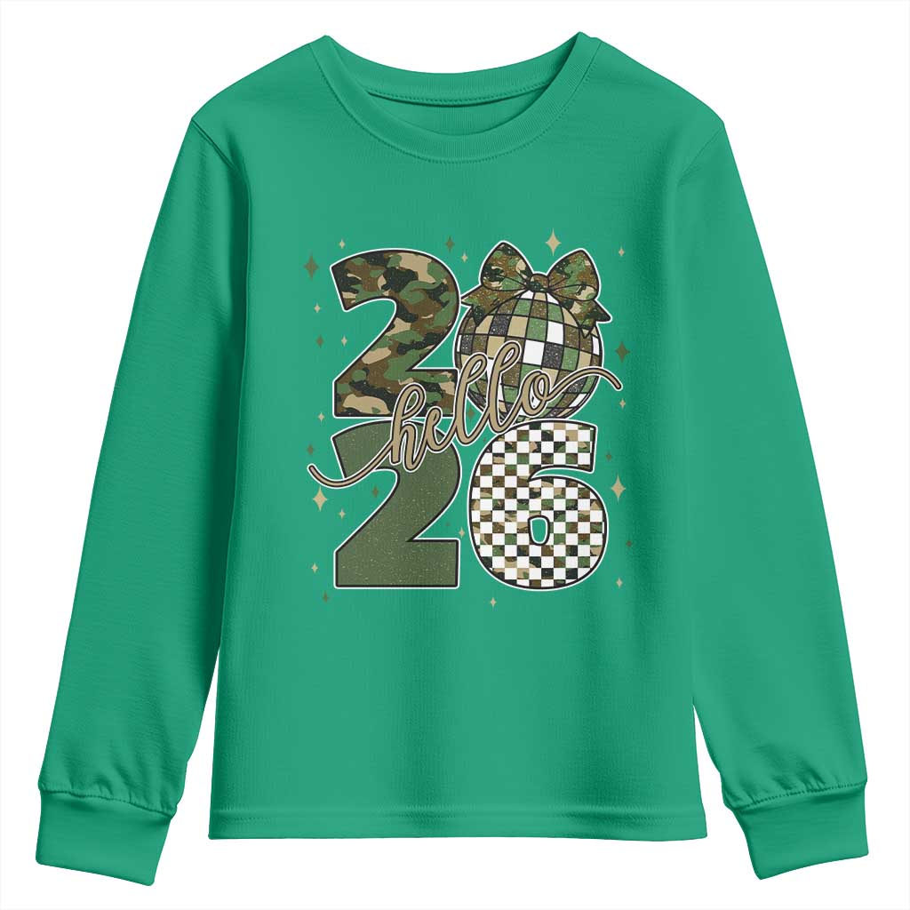 Camo Happy New Year Party 2026 Youth Sweatshirt Camouflage Disco Ball - Wonder Print Shop