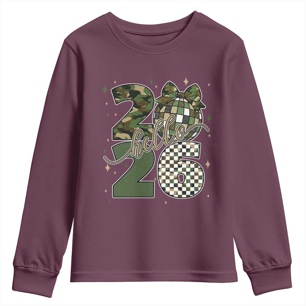 Camo Happy New Year Party 2026 Youth Sweatshirt Camouflage Disco Ball - Wonder Print Shop