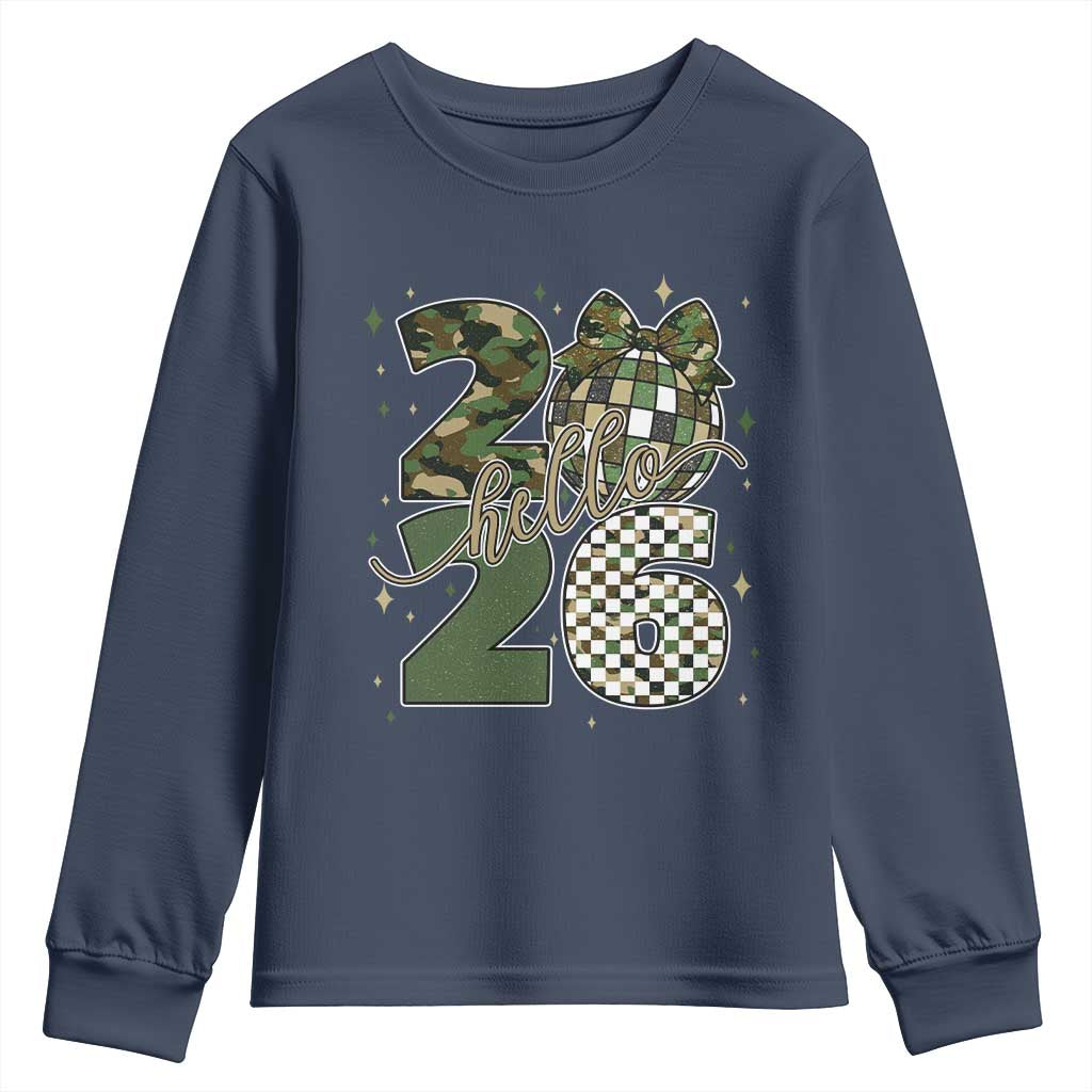 Camo Happy New Year Party 2026 Youth Sweatshirt Camouflage Disco Ball - Wonder Print Shop