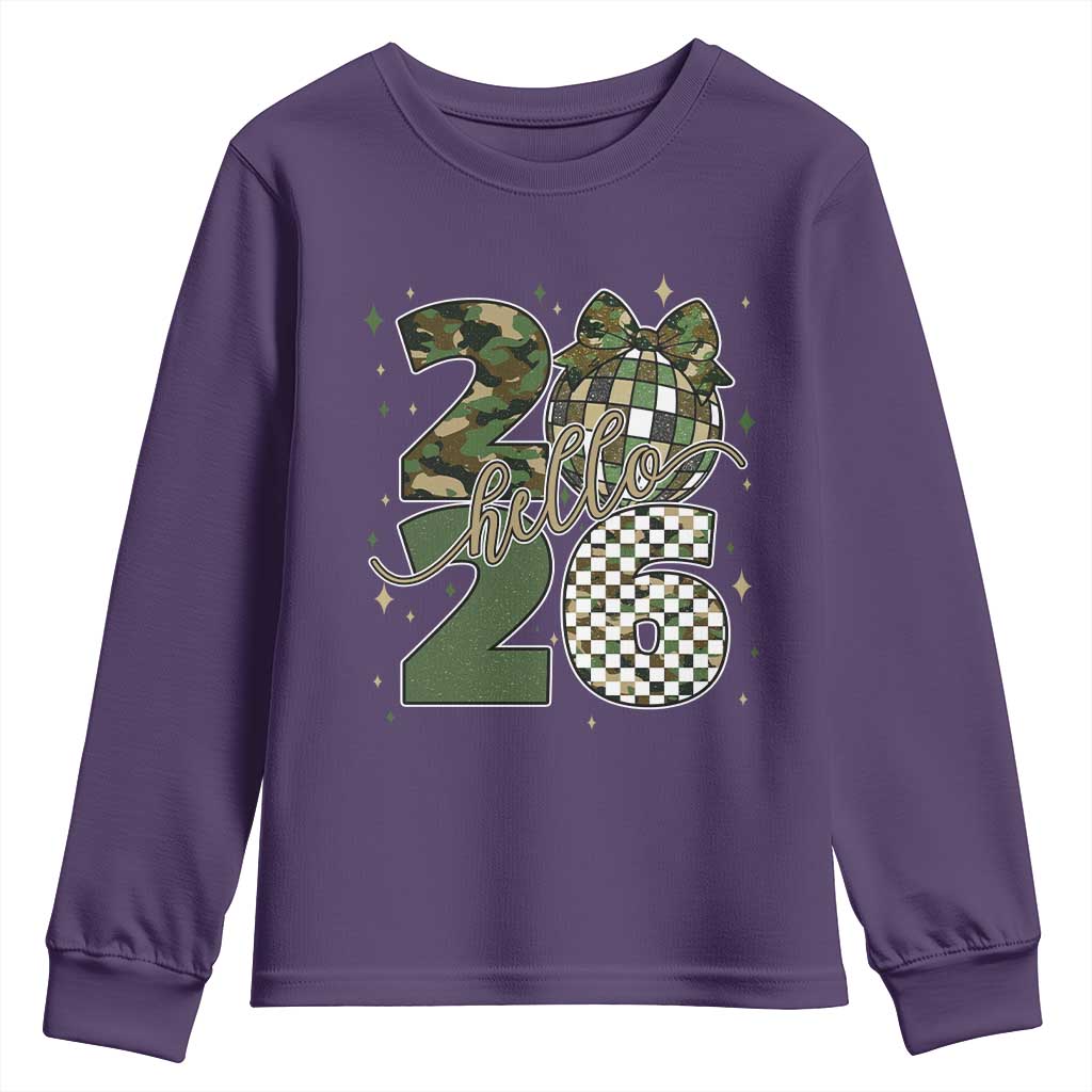 Camo Happy New Year Party 2026 Youth Sweatshirt Camouflage Disco Ball - Wonder Print Shop