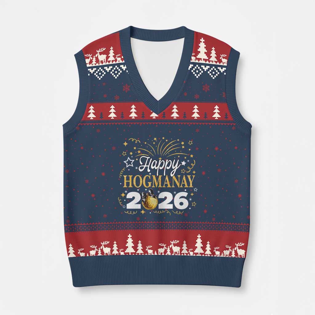 Scottish New Year 2026 V-Neck Knit Sweater Vest Happy Hogmanay NYE Party Faux Glitter Effect Printed - Wonder Print Shop