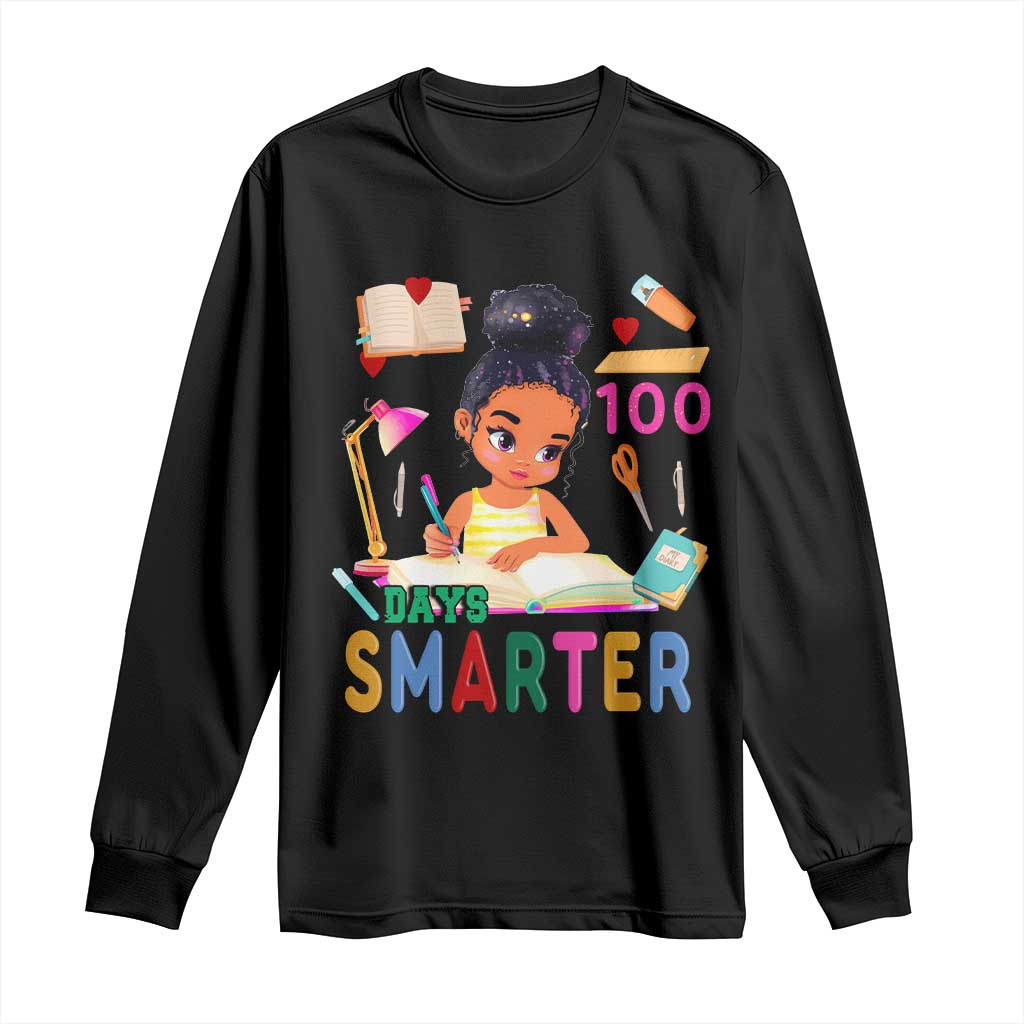 Funny 100 Days Smarter Black Afro African American Girl Long Sleeve Shirt
