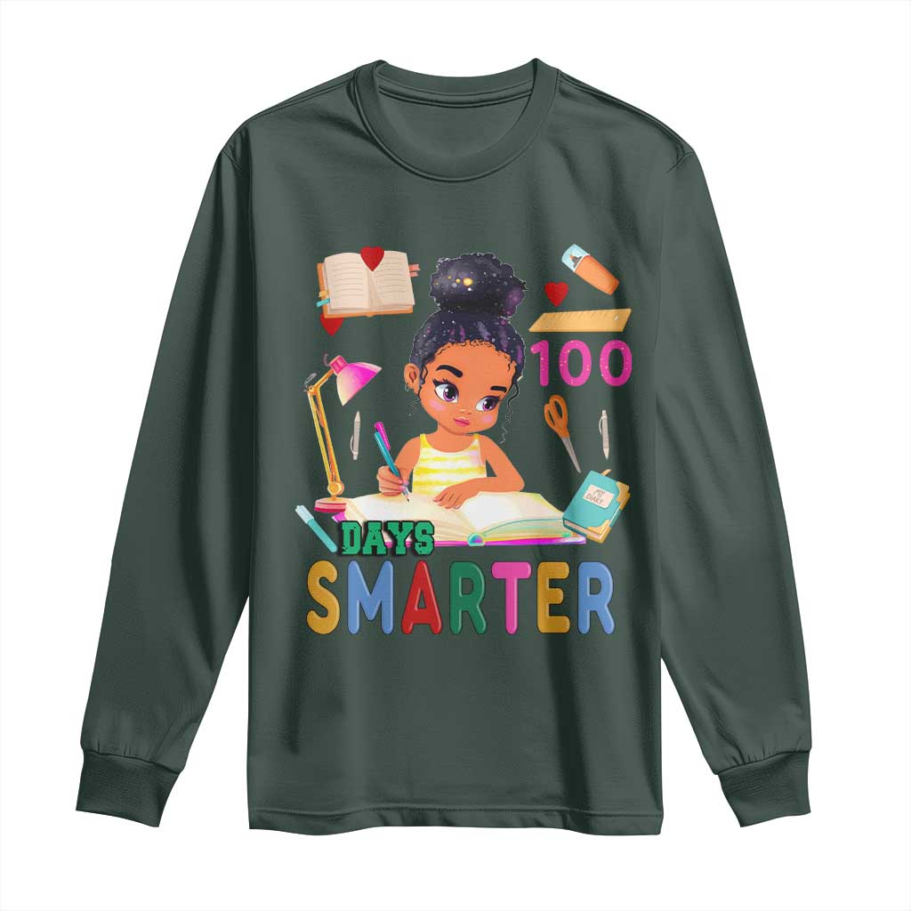 Funny 100 Days Smarter Black Afro African American Girl Long Sleeve Shirt
