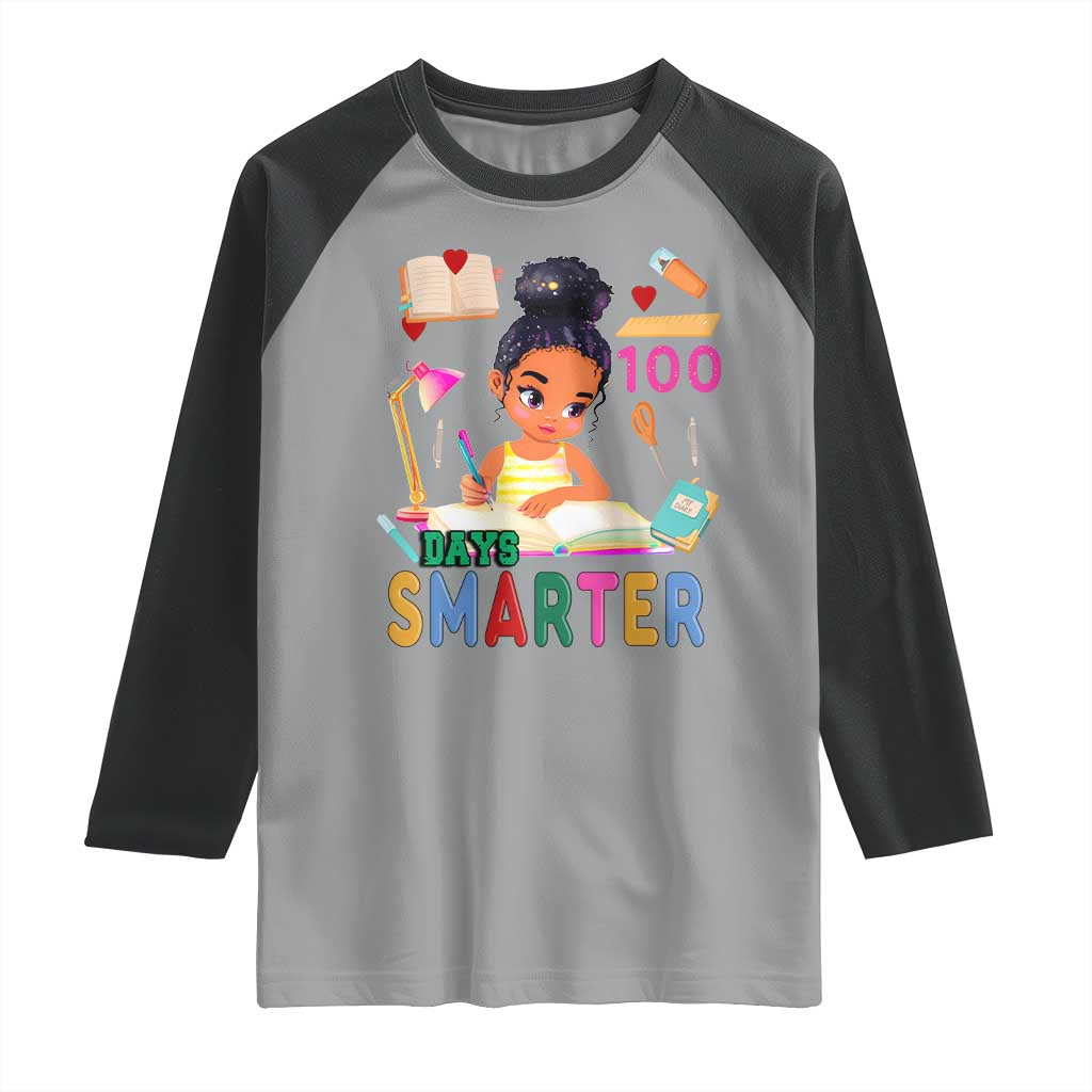 Funny 100 Days Smarter Black Afro African American Girl Raglan Shirt