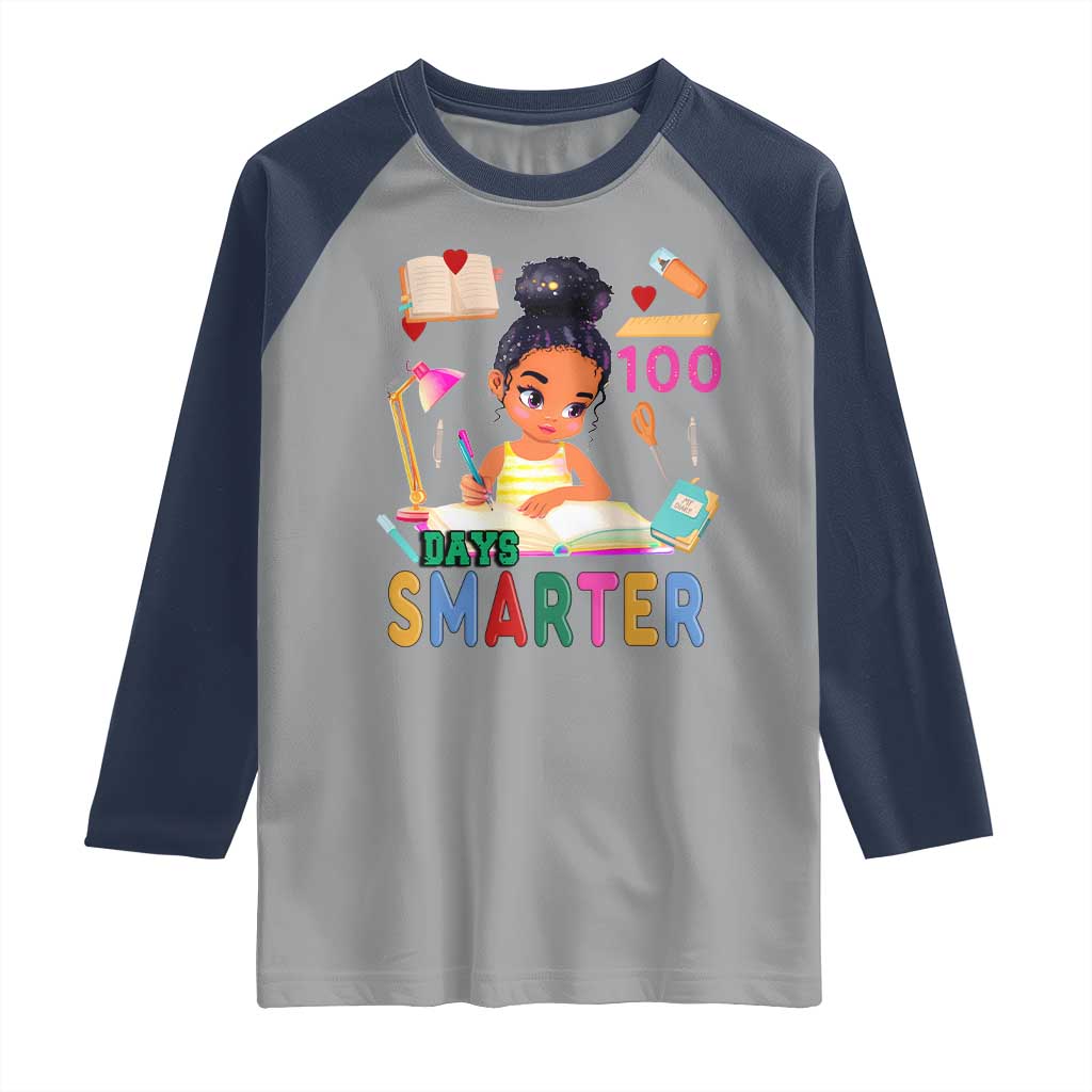 Funny 100 Days Smarter Black Afro African American Girl Raglan Shirt