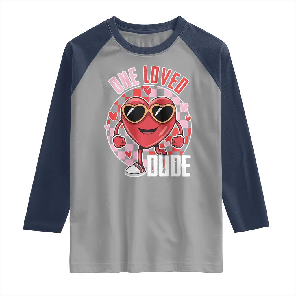 Funny Valentine's Day Raglan Shirt One Loved Dude Cute Heart Checkerboard