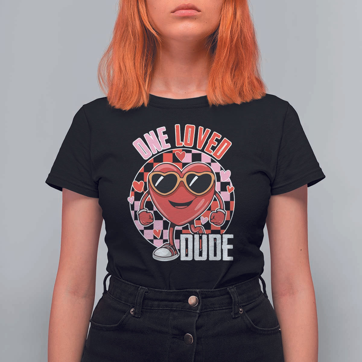 Funny Valentine's Day T Shirt For Women One Loved Dude Cute Heart Checkerboard