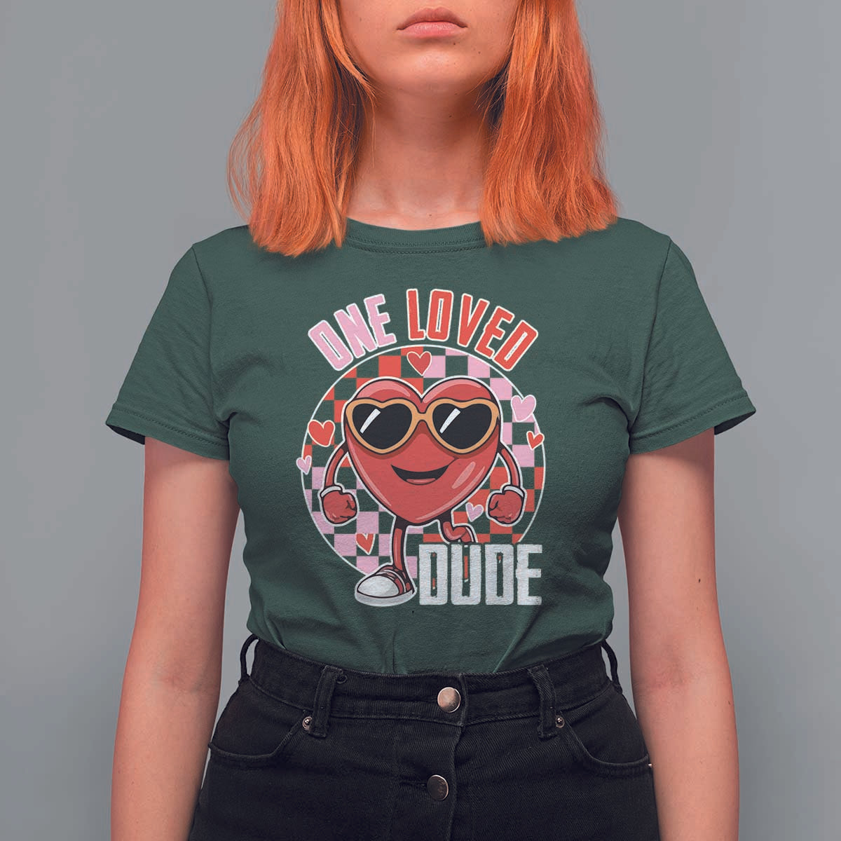 Funny Valentine's Day T Shirt For Women One Loved Dude Cute Heart Checkerboard