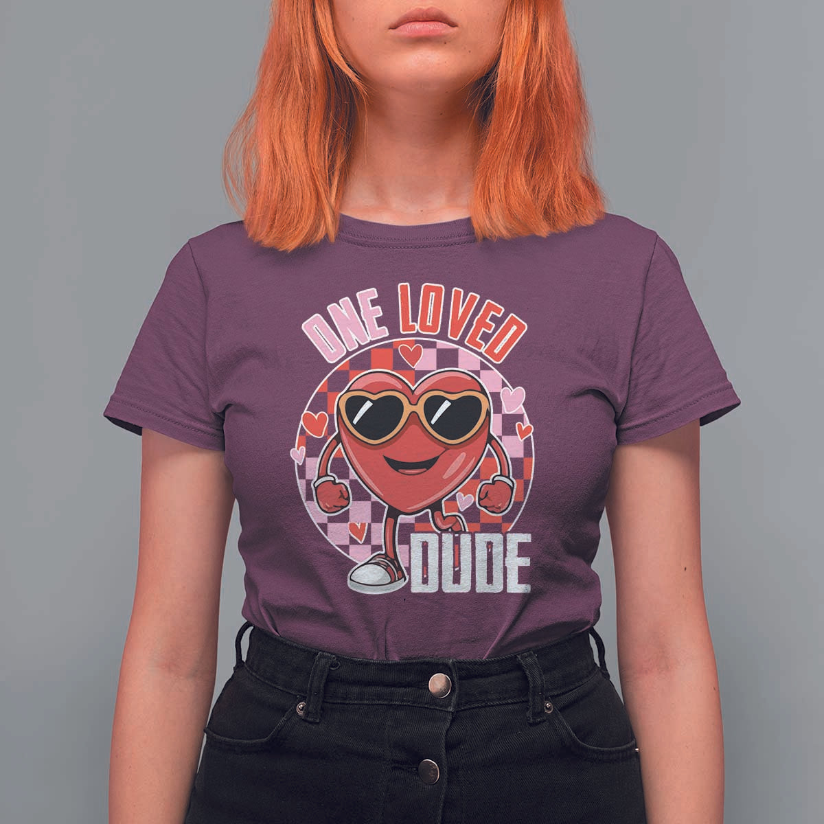 Funny Valentine's Day T Shirt For Women One Loved Dude Cute Heart Checkerboard