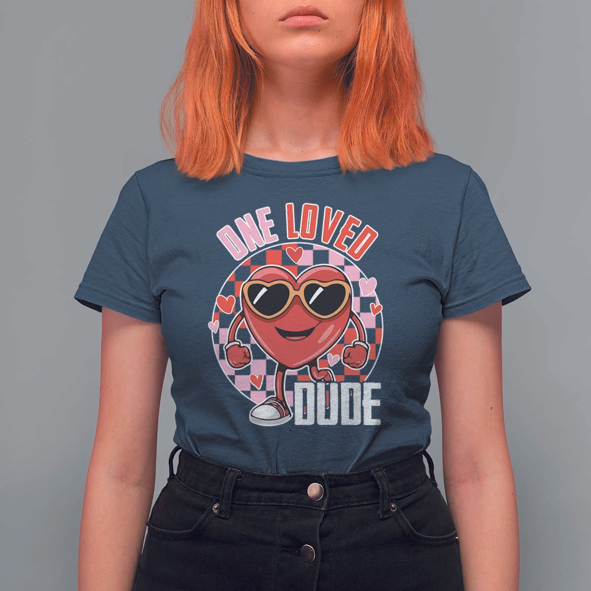 Funny Valentine's Day T Shirt For Women One Loved Dude Cute Heart Checkerboard
