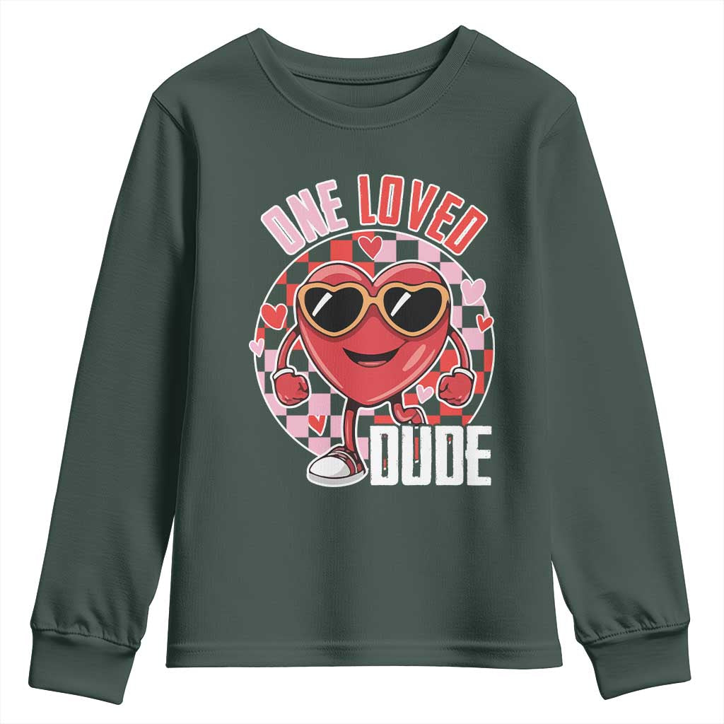 Funny Valentine's Day Youth Sweatshirt One Loved Dude Cute Heart Checkerboard